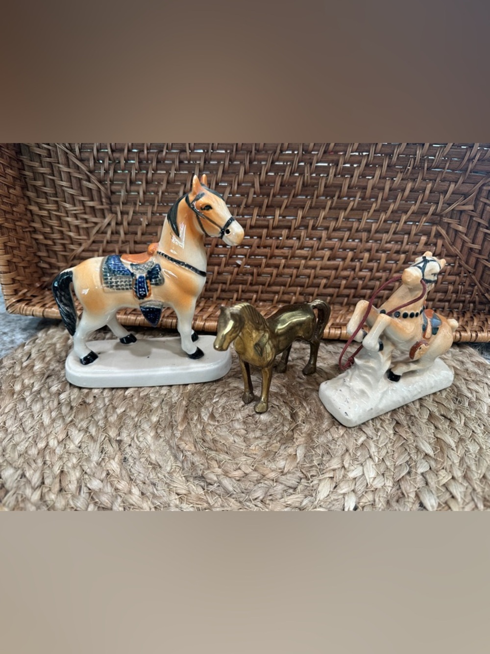 Vintage Ceramic and Brass Horse Figurine Set